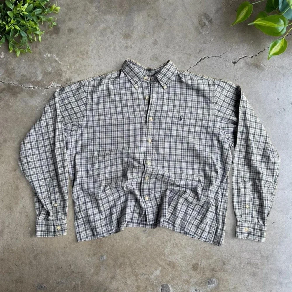 Vintage Ralph Lauren blue plaid cropped boxy button up shirt Size XL